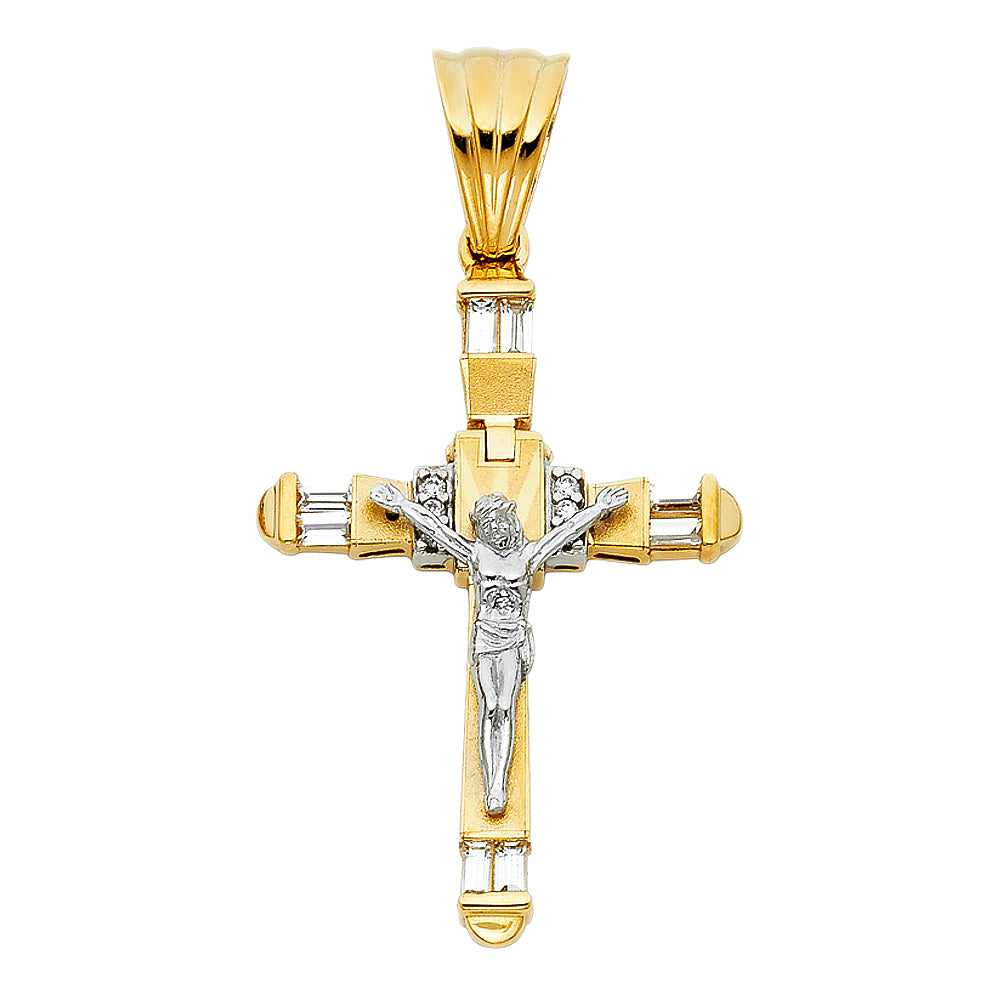 14K Two-Tone Gold High-Polished Crucifix Pendant with CZ