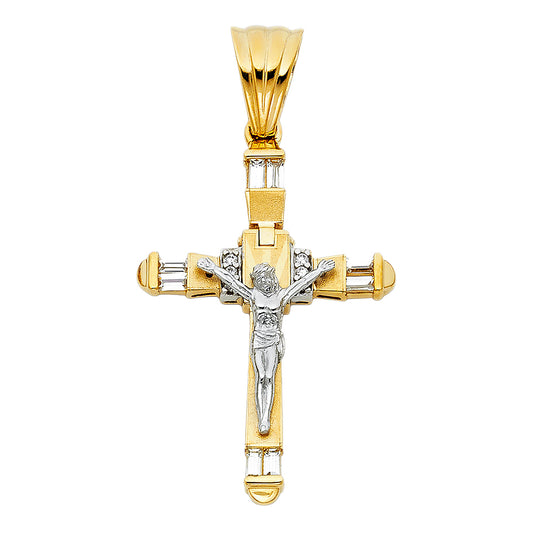 14K Two-Tone Gold High-Polished Crucifix Pendant with CZ