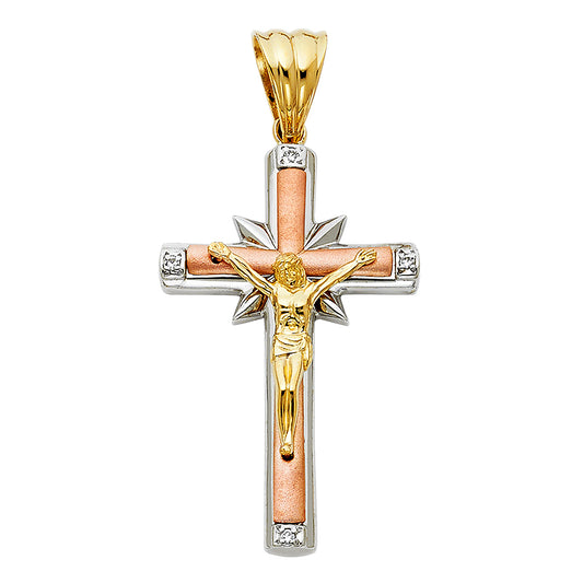 14K Tri-Color Gold CZ Crucifix Pendant aprox 1 3/4" tall