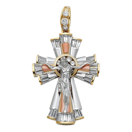 14K Tri-Color Gold CZ Crucifix Pendant aprox 2" tall