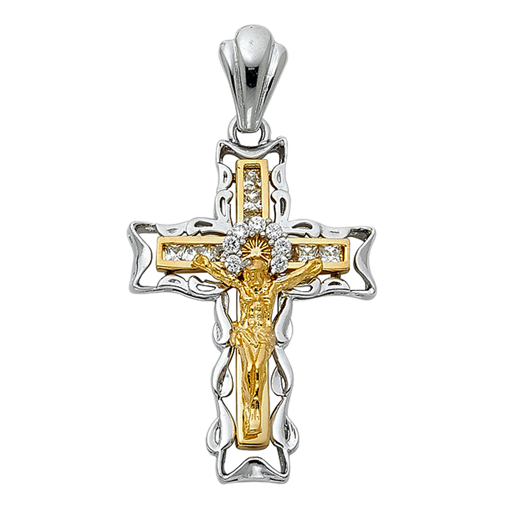 14K Two-Tone Gold CZ Filigree Crucifix Pendant aprox 1 1/4" tall