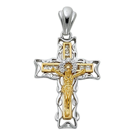 14K Two-Tone Gold CZ Filigree Crucifix Pendant aprox 1 1/4" tall