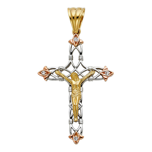 14K Tri-Color Gold CZ Filigree Crucifix Pendant aprox 2" tall