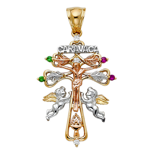 14K Tri-Color Gold Caravaca Cross CZ Pendant aprox 1 1/2' tall