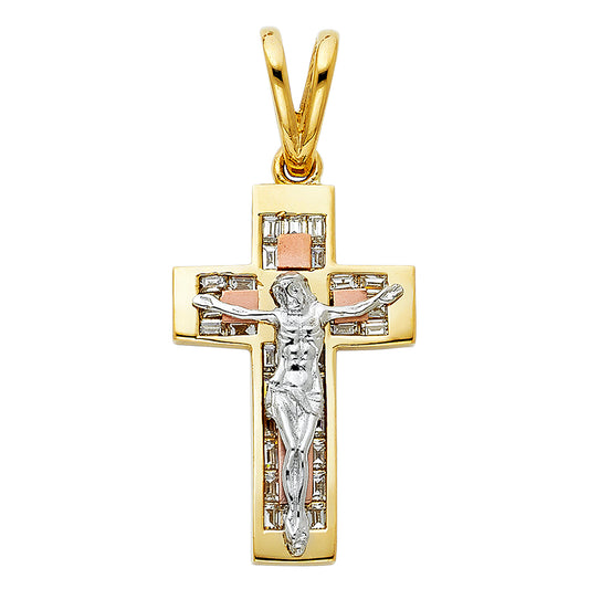 14K Tri-Color Gold CZ Crucifix Pendant aprox 1 1/2" tall