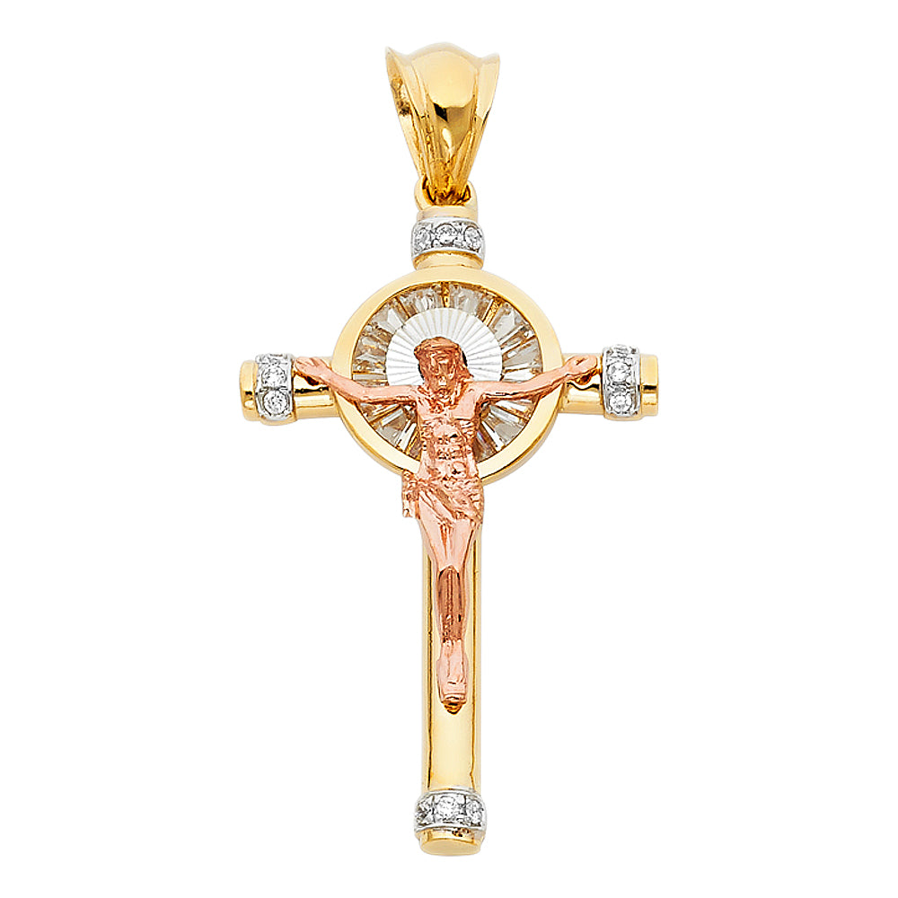 14K Tri-Color Gold CZ Crucifix Pendant aprox 1 1/2" tall