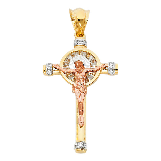 14K Tri-Color Gold CZ Crucifix Pendant aprox 1 1/2" tall