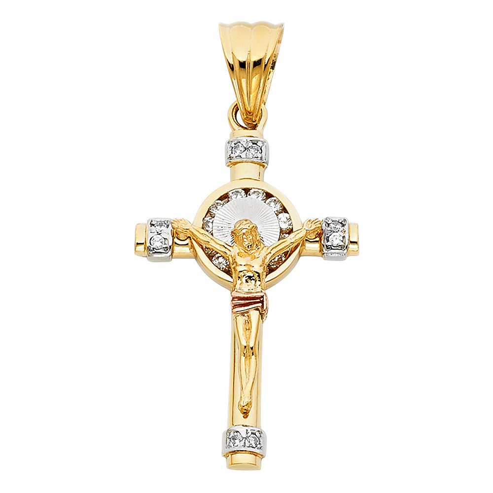14K Tri-Color Gold CZ Crucifix Pendant aprox 1 1/2" tall