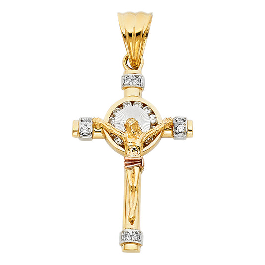 14K Tri-Color Gold CZ Crucifix Pendant aprox 1 1/2" tall