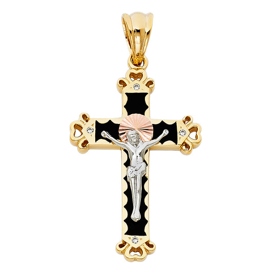 14K Tri-Color Gold Black Enamel CZ Crucifix Pendant aprox 1 1/2" tall