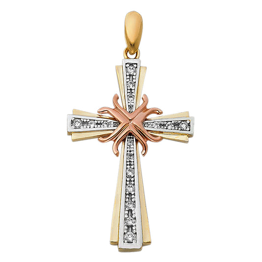 14K Tri-Color Gold CZ Cross Pendant aprox 1 1/4" tall