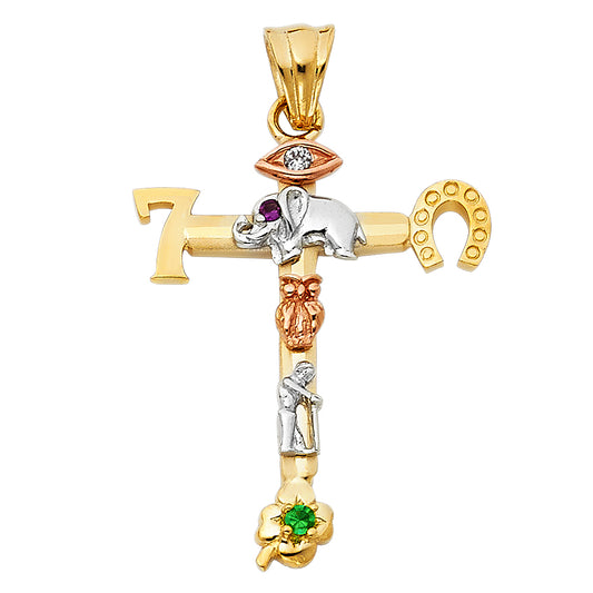 14K Tri-Color Gold Multicolor CZ Symbolic Cross Pendant aprox 1" tall