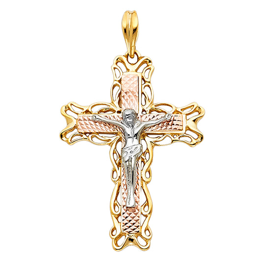 14K Tri-Color Gold Filigree Design Crucifix Pendant aprox 1 1/4" tall