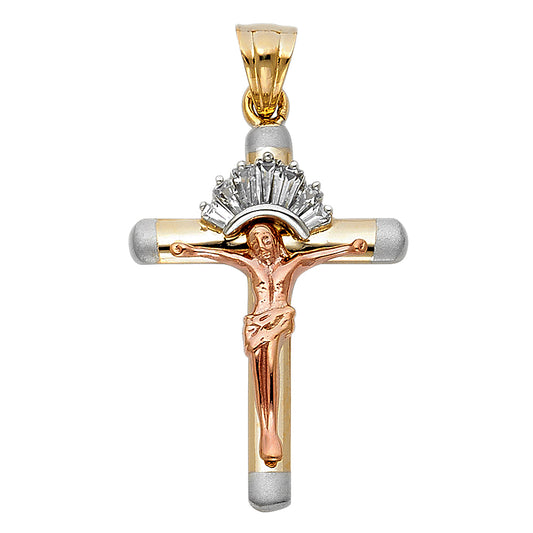 14K Tri-Color Gold CZ Crucifix Pendant aprox 1" tall