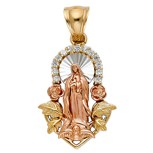 14K Tri-Color Gold Our Lady of Guadalupe Pendant with CZ Halo and Rose Accents