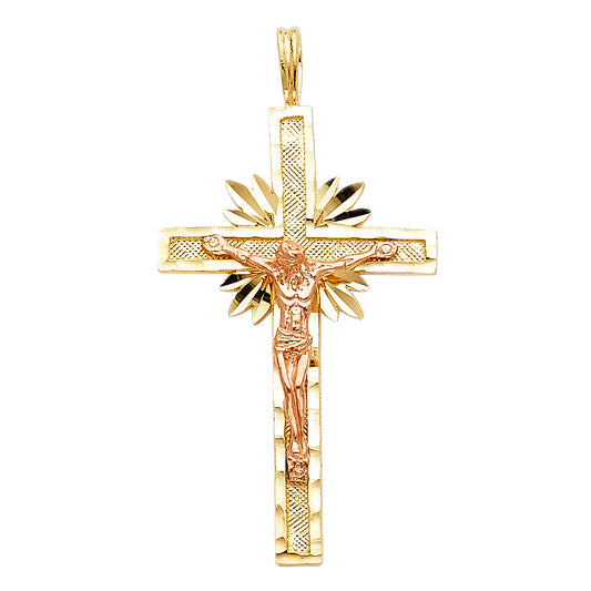 14K Two-Tone Gold Diamond-Cut Radiant Crucifix Pendant aprox 1 1/4" tall