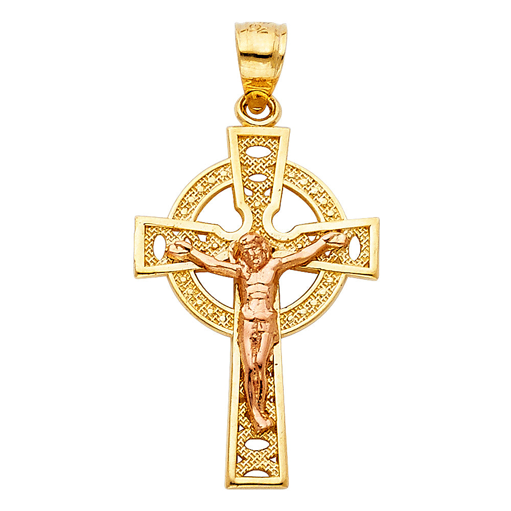 14K Two-Tone Gold Celtic Circle Design Crucifix Pendant aprox 1" tall