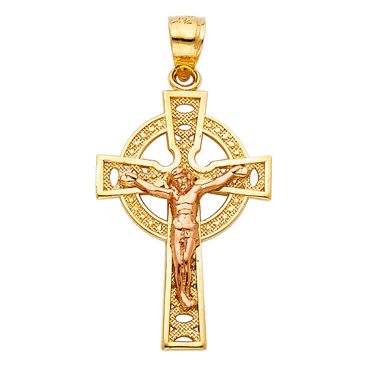 14K Two-Tone Gold Celtic Circle Design Crucifix Pendant aprox 1" tall