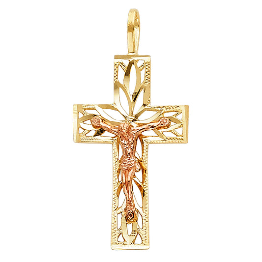 14K Two-Tone Gold Leaf Design Crucifix Pendant aprox 1" tall