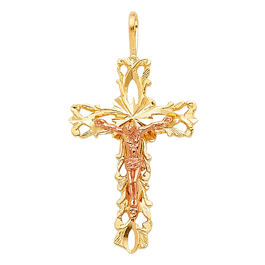 14K Two-Tone Gold Leaf Design Crucifix Pendant aprox 1" tall