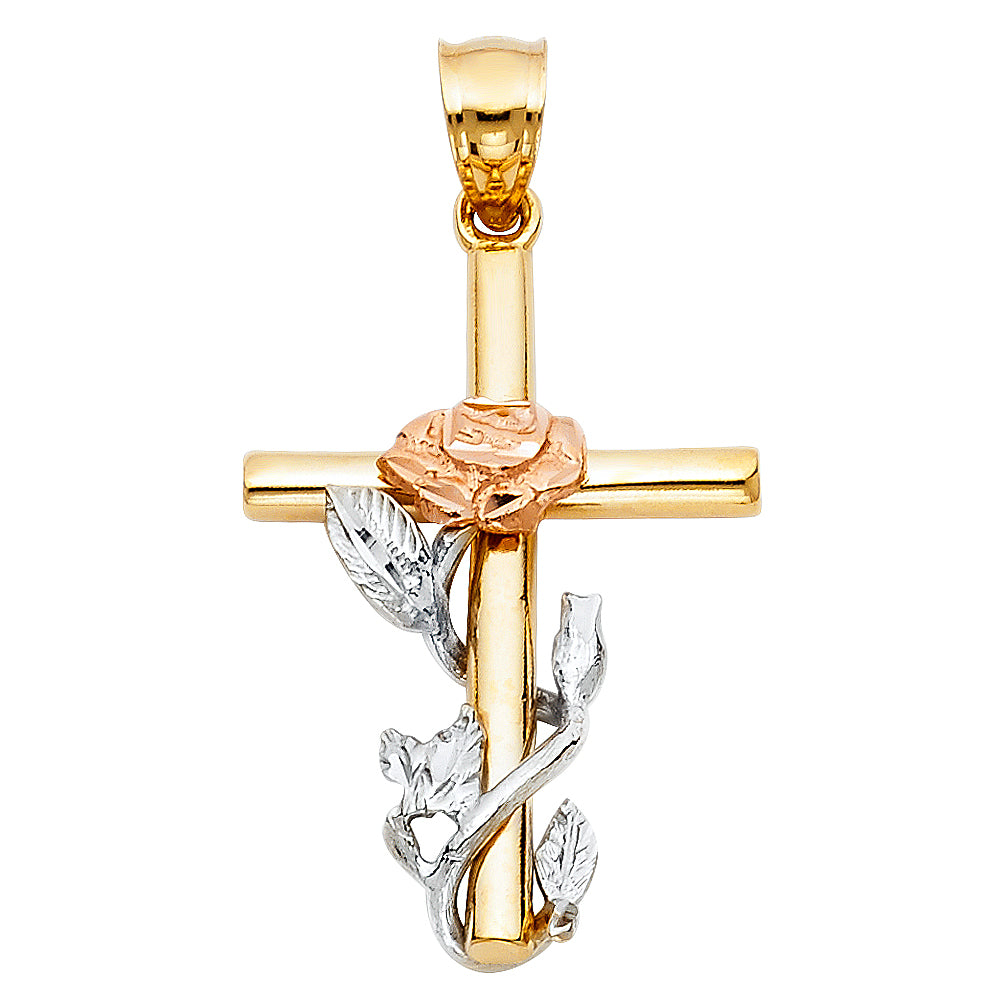 14K Tri-Color Gold Rose & Vine Cross Pendant aprox 1 1/4" tall