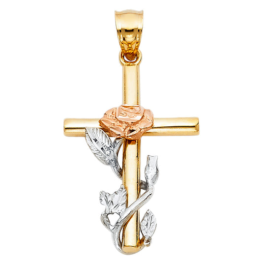 14K Tri-Color Gold Rose & Vine Cross Pendant aprox 1 1/4" tall