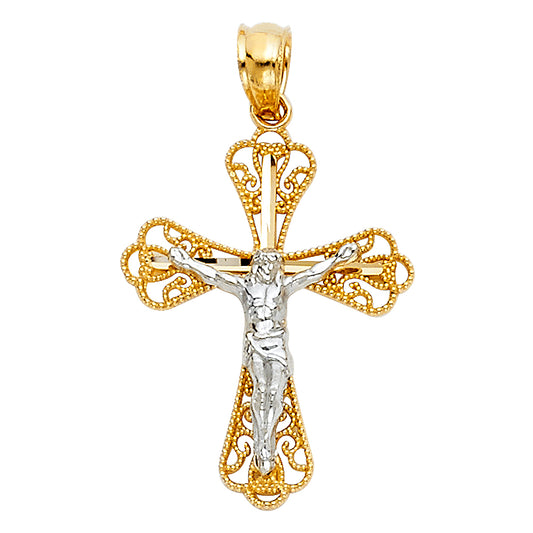 14K Two-Tone Gold Filigree Crucifix Pendant aprox 1" tall