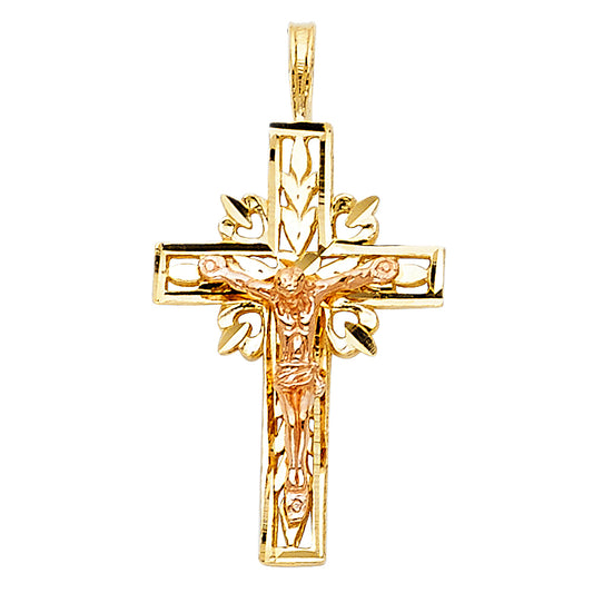 14K Two-Tone Gold Diamond-Cut Radiant Crucifix Pendant aprox 1" tall