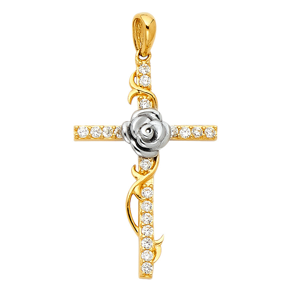 14K Two-Tone Gold Rose Design CZ Cross Pendant aprox 1" tall