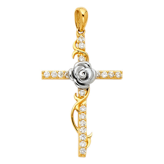14K Two-Tone Gold Rose Design CZ Cross Pendant aprox 1" tall