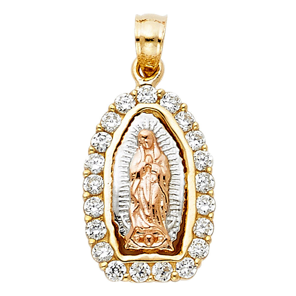 14K Tri-Color Gold Our Lady of Guadalupe Halo Extra Small Pendant with CZ Stones