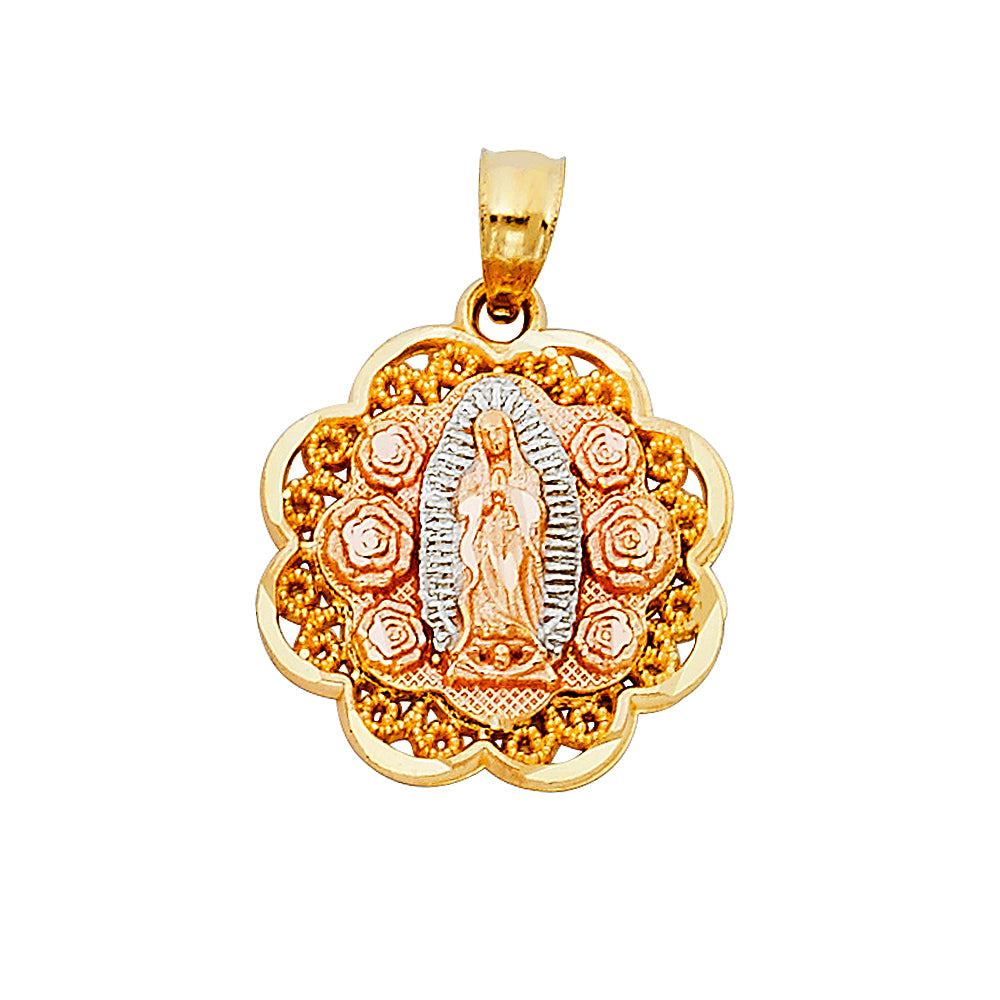 14K Tri-Color Gold Virgen de Guadalupe Floral Pendant