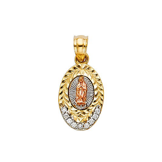 14K Tri-Color Gold Virgen de Guadalupe Oval Pendant with CZ Accents