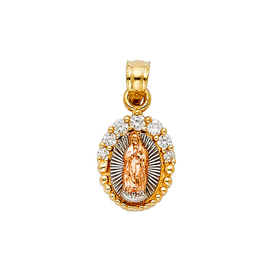 14K Tri-Color Gold Virgen de Guadalupe Oval Pendant with CZ Halo