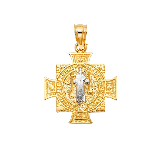 14K Two-Tone Gold Saint Benedict Medal Cross Pendant aprox 3/4" tall