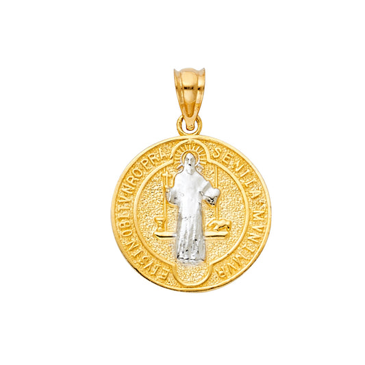 14K Two-Tone Gold Saint Benedict Round Medal Pendant aprox 1"