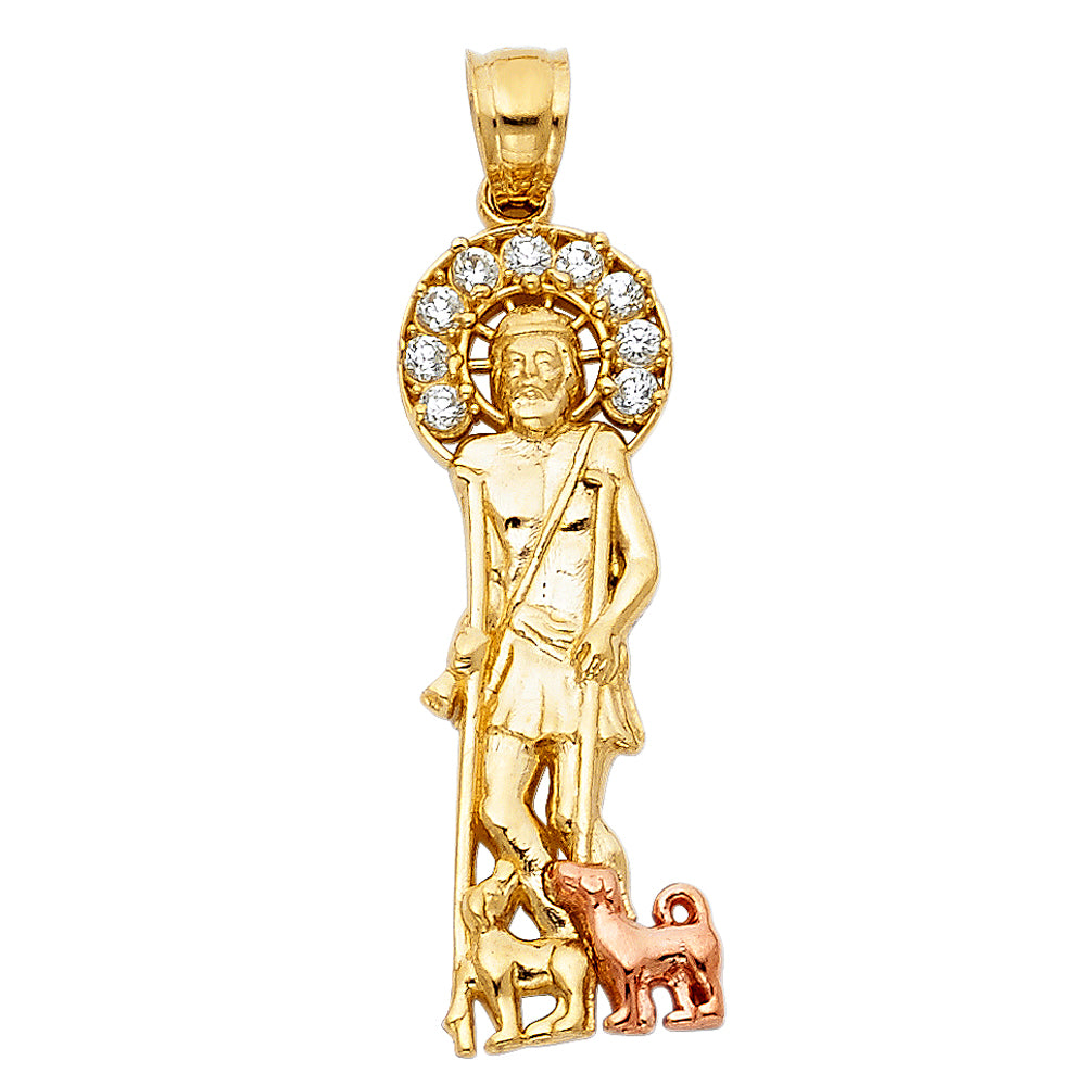 14K Two-Tone Gold Saint Lazarus CZ Pendant aprox 1 1/4" tall