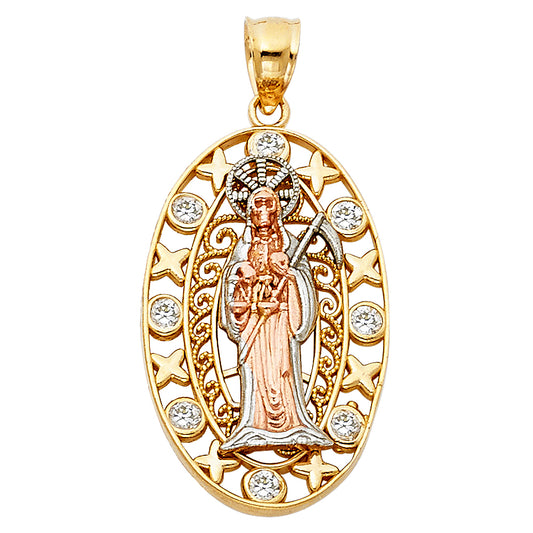 14K Tri-Color Gold Santa Muerte CZ Oval Pendant