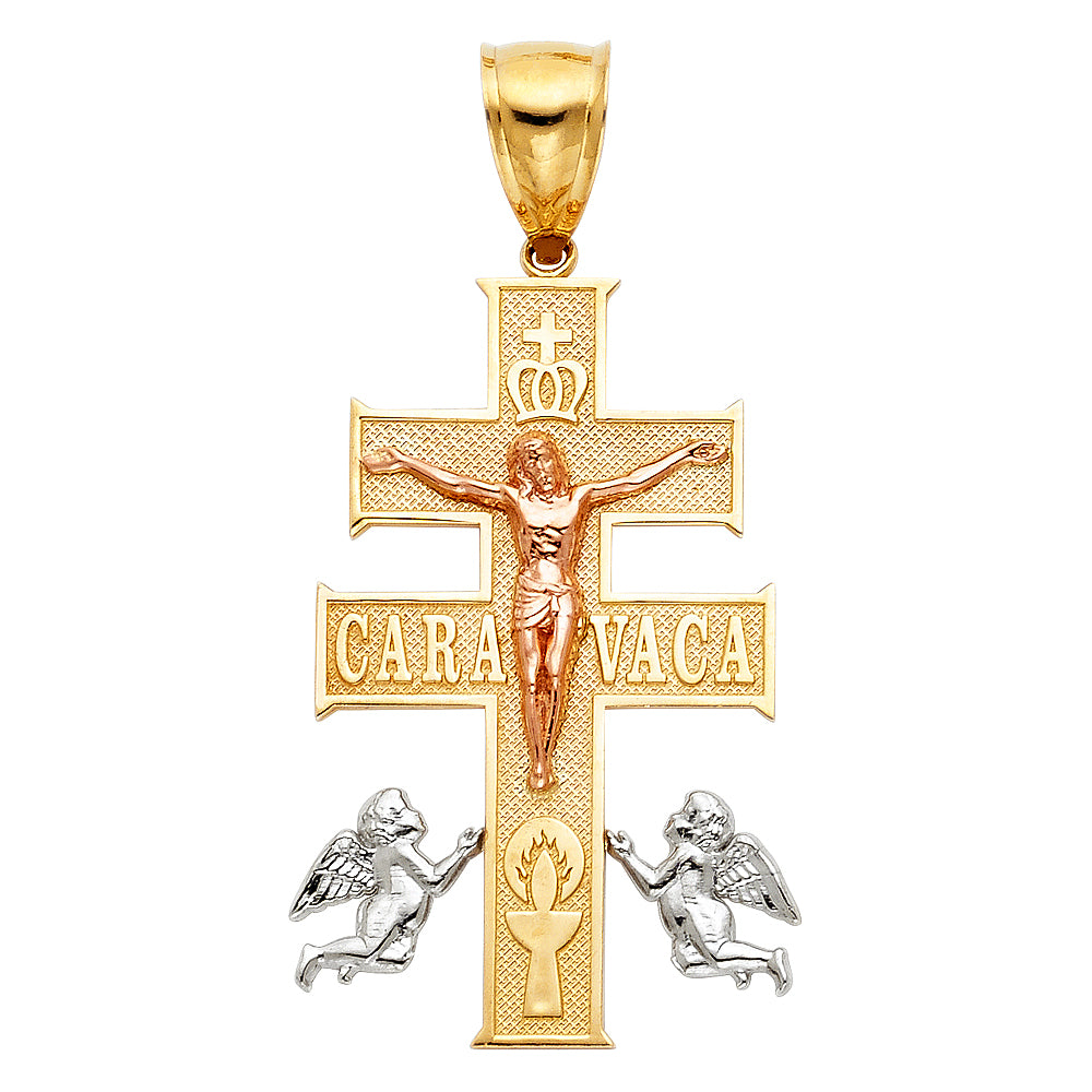 14K Tri-Color Gold Caravaca Cross Pendant with Angels 1.6" Tall