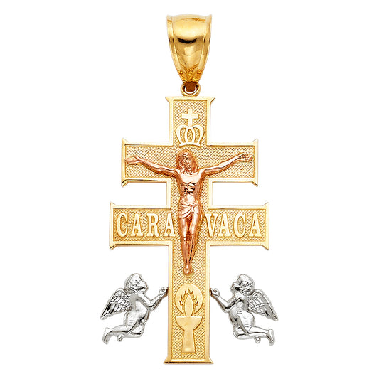 14K Tri-Color Gold Caravaca Cross Pendant with Angels 1.6" Tall