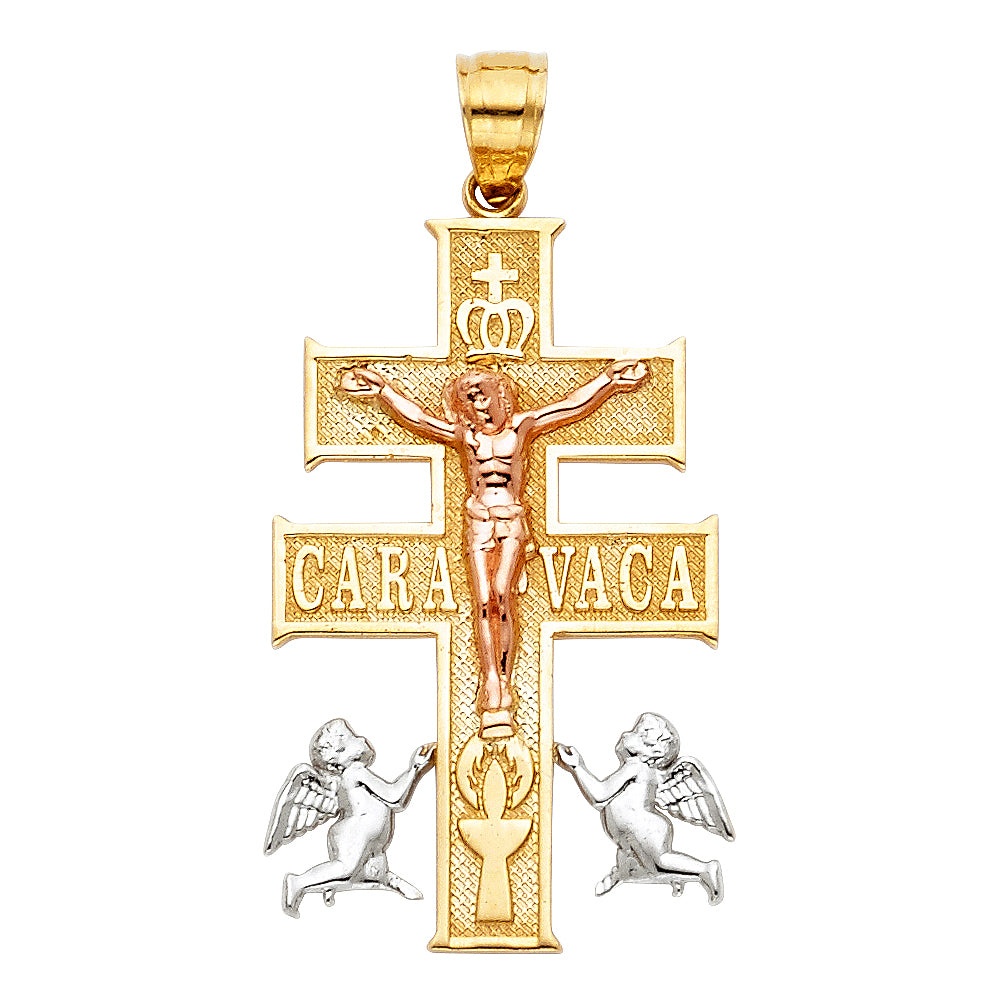 14K Tri-Color Gold Caravaca Cross Pendant with Angels 1.2" Tall