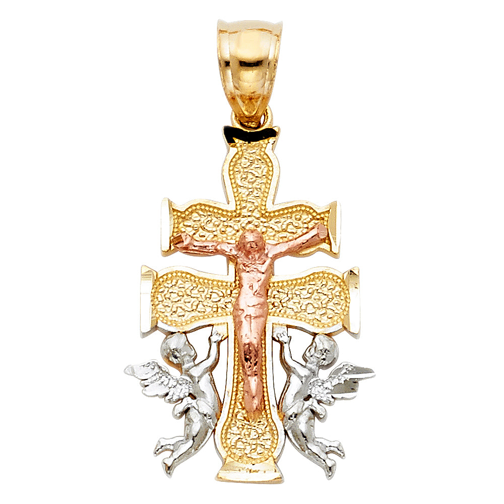 14K Tri-Color Gold Caravaca Cross Pendant 1" Tall