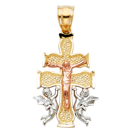 14K Tri-Color Gold Caravaca Cross Pendant 1" Tall