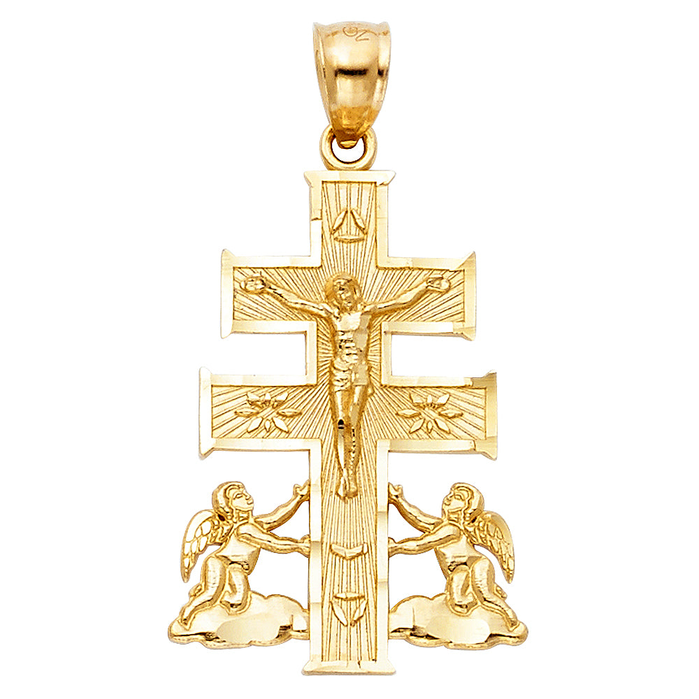 14K Yellow Gold Caravaca Cross Pendant with Angels 1.1" Tall
