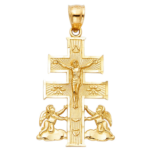 14K Yellow Gold Caravaca Cross Pendant with Angels 1.1" Tall