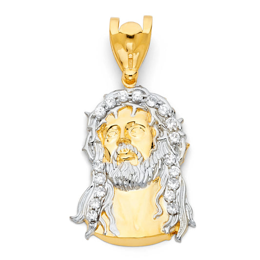 14K Yellow Gold Two-Tone Gold Jesus Head CZ Pendant aprox 2" tall