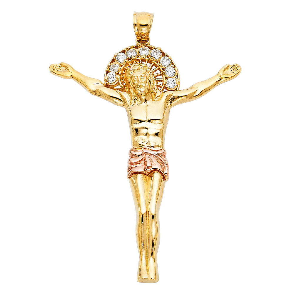 14K Two-Tone Gold CZ Halo Jesus Figure Pendant aprox 2 1/4" tall