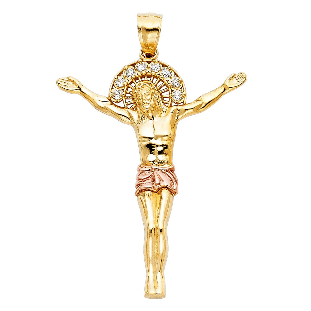 14K Two-Tone Gold CZ Halo Jesus Figure Pendant 1 1/2" tall