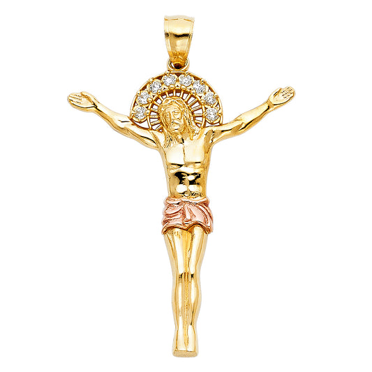 14K Two-Tone Gold CZ Halo Jesus Figure Pendant 1 1/2" tall