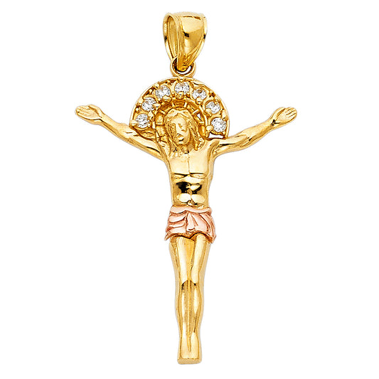 14K Two-Tone Gold CZ Halo Jesus Figure Pendant 1 1/4" tall